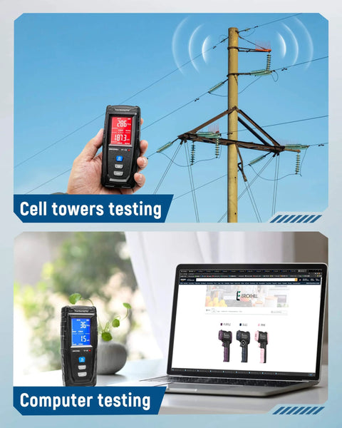 EMF Meter testing cell towers and computers, handheld digital EMF detector with LCD display for electric and magnetic fields.
