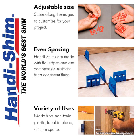 Heavy Duty Reusable Plastic Construction Shims Set Of 100 For Spacing Leveling And Plumbing Projects In Four Sizes One Thirty Second Inch One Sixteenth Inch One Eighth Inch And One Quarter Inch With Color Coded Green Red White And Blue Handi Shims shown in various uses