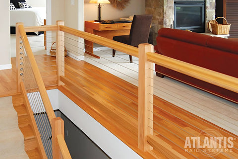 Wood railing with Long Stud 1/8 Inch For HandiSwage Cable Infill Systems Pack Of 2 installed on staircase