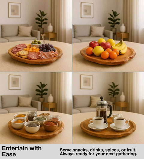 16 inch handmade root wood lazy susan turntable with snacks, fruits, and spices on a dining table.