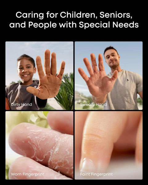 Collage showing diverse hands with text: dirty hand, sweaty hand, worn fingerprint, and faint fingerprint.