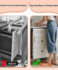 Before and after using Pack Of Two Hands Free Cabinet Foot Pulls For Touchless Trash Drawers And Full Overlay Cabinets With Toe Kick Activation Soft Rubber Pedal For Barefoot Use Easy To Install With Adhesive Or Screws, showing traditional cabinet handle open and foot pedal use.