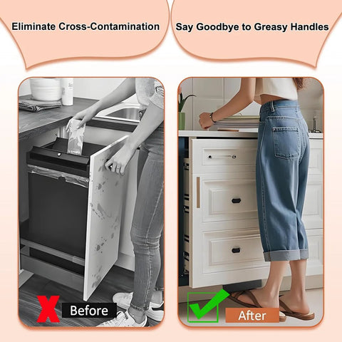 Before and after using Pack Of Two Hands Free Cabinet Foot Pulls For Touchless Trash Drawers And Full Overlay Cabinets With Toe Kick Activation Soft Rubber Pedal For Barefoot Use Easy To Install With Adhesive Or Screws, showing traditional cabinet handle open and foot pedal use.