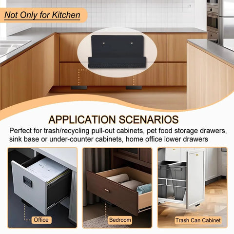 Application scenarios showing Pack Of Two Hands Free Cabinet Foot Pulls For Touchless Trash Drawers And Full Overlay Cabinets.