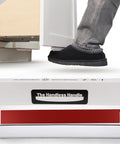 Hands Free Foot Pull Handle For Garbage Drawers And Bins Touchless Opener For Cabinets White Finish in use with foot activation