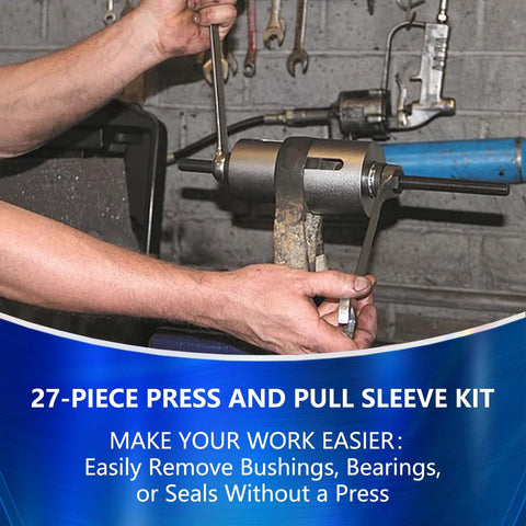 Mechanic using Universal 30 Piece Pull And Press Sleeve Bushing Kit for auto maintenance removal and installation of bearings.
