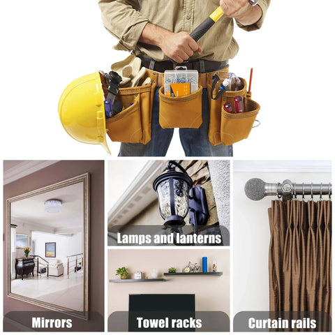 270 Pcs Drywall Anchors and Screws Assortment Kit with 135 Plastic Expansion Wall Anchors and 135 Phillips Flat Head Wood Screws, shown in tool belt with home decor items.