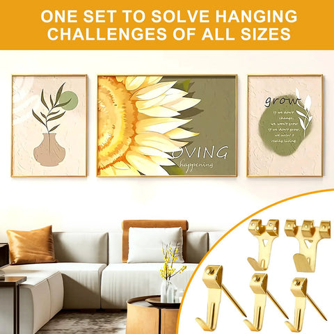 Living room wall with framed art and 303 Piece Picture Hanging Kit With Heavy Duty Hooks Nails Sawtooth Wire D Rings And Level In A Categorized Organizer.