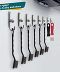 Mounted 12 Pcs Mini Stainless Steel Wire Brush Set with Curved Handle, ideal for cleaning weld slag and rust, hanging on wall hooks