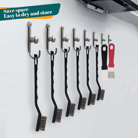 Mounted 12 Pcs Mini Stainless Steel Wire Brush Set with Curved Handle, ideal for cleaning weld slag and rust, hanging on wall hooks