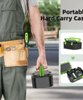 Man holding hard carry case with 360 Degree Self Leveling Green Laser Level With Triple 360 Degree Cross Lines and accessories inside.
