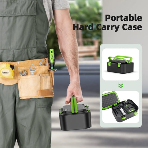 Man holding hard carry case with 360 Degree Self Leveling Green Laser Level With Triple 360 Degree Cross Lines and accessories inside.