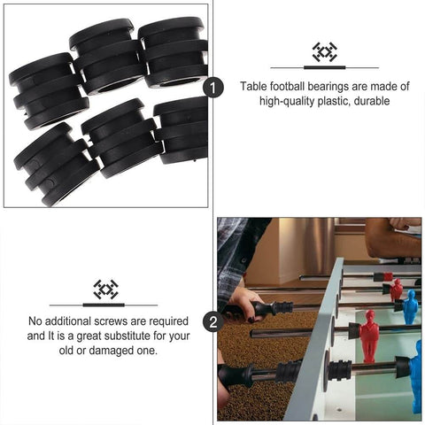 Hard Rubber Foosball Bumpers Set 15 Pack Pro Grade Replacement Bushings And Rod Bearings For Foosball Tables displayed on table.