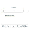 Technical drawing of hardened steel dowel pin, 0.25 inch diameter, 2 inch length, alloy steel 4140 for accurate alignment in fixtures.