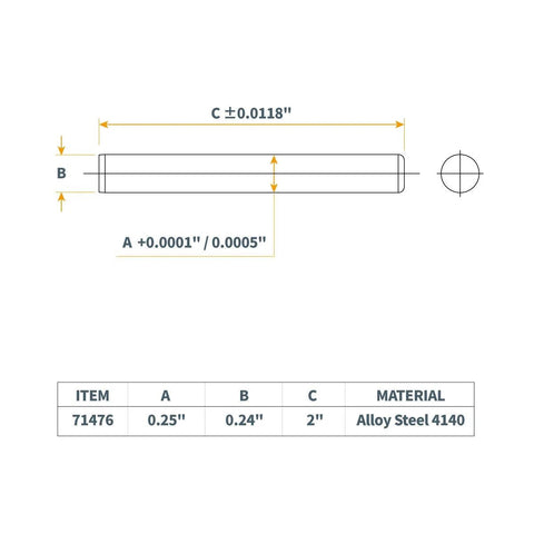 Technical drawing of hardened steel dowel pin, 0.25 inch diameter, 2 inch length, alloy steel 4140 for accurate alignment in fixtures.