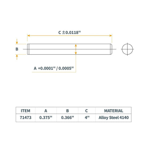 Technical diagram of Hardened Steel Dowel Pins Three Eighths Inch Heat Treated And Precisely Shaped For Accurate Alignment dimensions