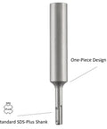 Beefy Ground Rod Driver For Half Inch And Three Quarter Inch Rods With A One Piece Hardened Steel Body And A Ten Millimeter Shank Six Point Seven Inches Long Fits Bosch Dewalt Milwaukee Hilti And Other SDS Plus Rotary Hammer Drills, showing one-piece design and SDS-Plus shank