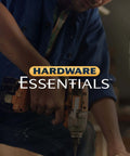 Person using power drill, close-up shot with 'Hardware Essentials' text overlay.
