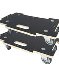 Two stacked black wooden platforms with four grey wheels, spliceable furniture moving dolly with 550 lbs capacity 2 packs four wheels heavy duty connectable design