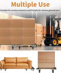 Spliceable Furniture Moving Dolly With 550 Lbs Capacity 2 Packs Four Wheels showing use for boxes, couch, and cabinet.