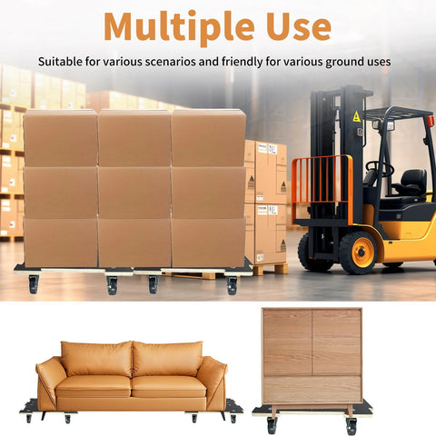 Spliceable Furniture Moving Dolly With 550 Lbs Capacity 2 Packs Four Wheels showing use for boxes, couch, and cabinet.