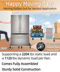 Hardwood furniture moving dolly set of 2 with 15 x 15 inch wood platform supporting fridge and boxes, 4 rubber silent swivel wheels, 2204 lb static load and 1102 lb dynamic capacity, non slip surface, with woman pushing the fridge.