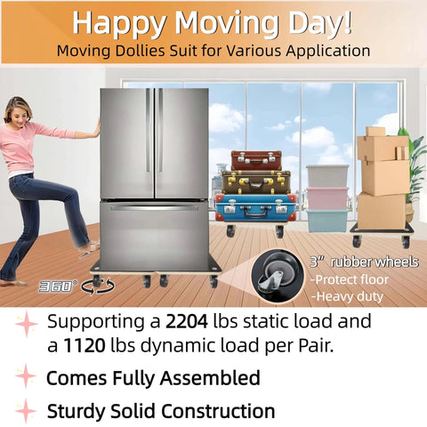 Hardwood furniture moving dolly set of 2 with 15 x 15 inch wood platform supporting fridge and boxes, 4 rubber silent swivel wheels, 2204 lb static load and 1102 lb dynamic capacity, non slip surface, with woman pushing the fridge.