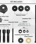 Wheel Bearing Puller Removal Motorcycle Tool Kit for Harley Davidson, showing main body puller, bearing installer, and accessories.