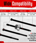 Four threaded rods and adapter from Harmonic Balancer Installer Tool Kit With 5-Piece Long Reach Adapters And Bearing Press Nut, Pro Grade Heavy-Duty Crank Pulley Underdrive Damper Puller Set, Durable Carbon Steel, Black Manganese Coated shown against a compatibility chart for Ford, Chrysler, and GM.