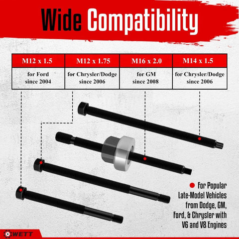 Four threaded rods and adapter from Harmonic Balancer Installer Tool Kit With 5-Piece Long Reach Adapters And Bearing Press Nut, Pro Grade Heavy-Duty Crank Pulley Underdrive Damper Puller Set, Durable Carbon Steel, Black Manganese Coated shown against a compatibility chart for Ford, Chrysler, and GM.