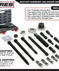 Master Harmonic Balancer Install Kit with extra-long installers and adapters for domestic and import vehicles, shown in open case.
