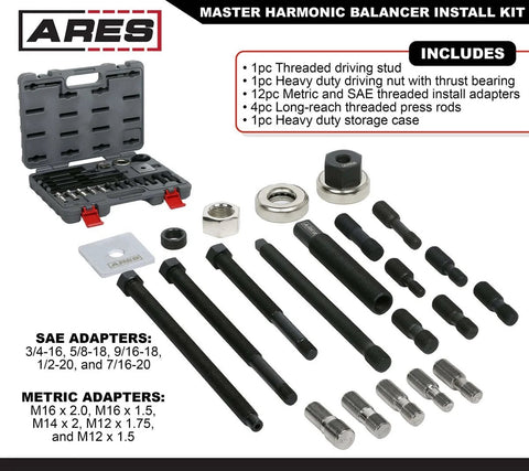 Master Harmonic Balancer Install Kit with extra-long installers and adapters for domestic and import vehicles, shown in open case.