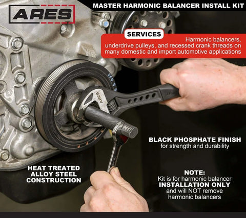 Master Harmonic Balancer Install Kit in use on engine, showing extra long installers, thrust bearing, and driving stud.