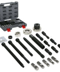 Master Harmonic Balancer Install Kit For Domestic And Import Vehicles With Extra Long Installers For Late Model Applications Includes Driving Stud Thrust Bearing Nut And Complete Pulleys Installation Tools in open gray case with components displayed.