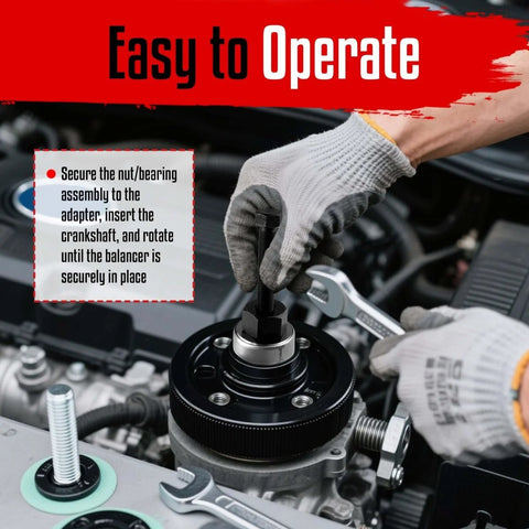 Mechanic using Harmonic Balancer Installer Tool Kit With 5-Piece Long Reach Adapters And Bearing Press Nut on engine crankshaft.