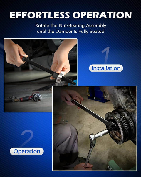 Harmonic Balancer Installer Set being used with crank pulley and nut bearing during installation and operation.