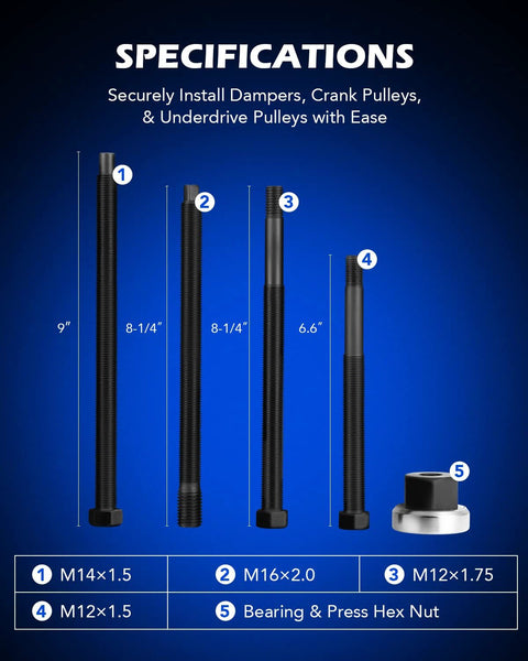 Harmonic Balancer Installer Set, 5pc Long Reach Crank Pulley Underdrive Pulley Damper Installation Tool Kit with 4 Adapters & Nut Bearing specifications image