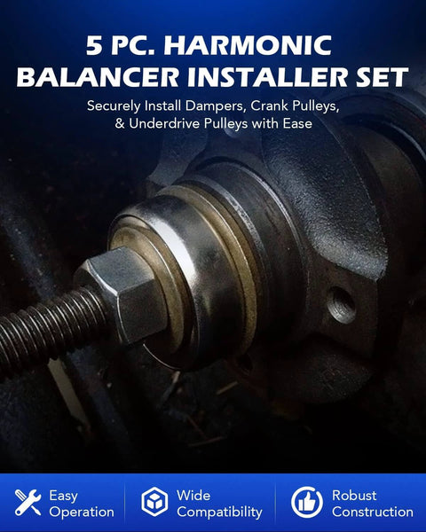 Harmonic Balancer Installer Set, 5pc long reach crank pulley underdrive pulley damper installation tool kit in use