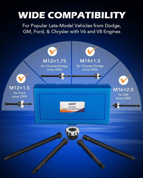 Harmonic Balancer Installer Set, 5pc Long Reach Crank Pulley Underdrive Pulley Damper Installation Tool Kit shown with compatibility chart