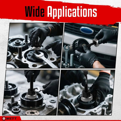 Mechanic using Harmonic Balancer Installer Tool Kit With 5-Piece Long Reach Adapters And Bearing Press Nut on engine