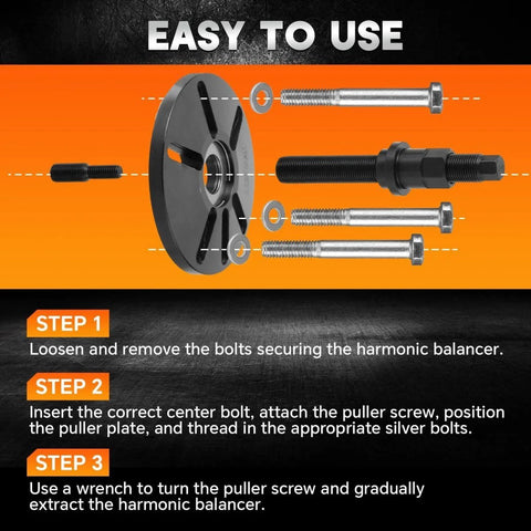 Harmonic Balancer Puller Kit With Installer And Thrust Bearing showing bolts and parts for easy removal process