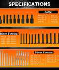 Specifications chart showing bolts, black screws, and silver screws from Harmonic Balancer Puller Kit With Installer And Thrust Bearing