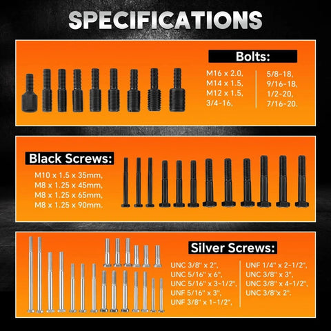 Specifications chart showing bolts, black screws, and silver screws from Harmonic Balancer Puller Kit With Installer And Thrust Bearing