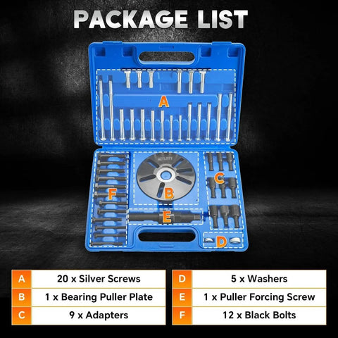 Harmonic Balancer Puller Kit with Installer and Thrust Bearing case showing tools, screws, plates, and bolts for vehicle maintenance.