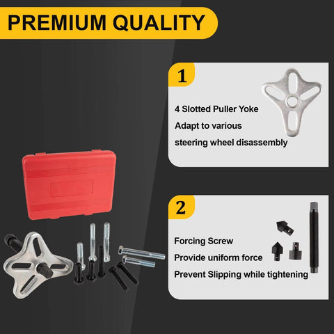 Image displaying a red case and components from the 46PCS Harmonic Balancer Puller Set, detailing 4 slotted puller yoke and forcing screw.