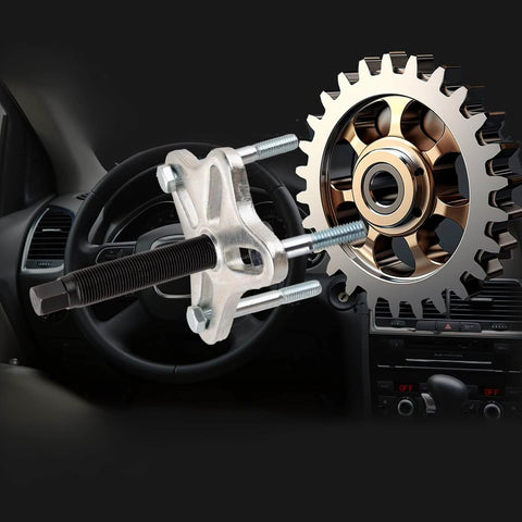 46PCS Harmonic Balancer Puller Set in use, showing automotive power steering wheel pulley puller and installer tool kit with crankshaft flywheel.