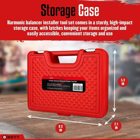 Harmonic Balancer Installer Tool Kit With 5-Piece Long Reach Adapters And Bearing Press Nut in red storage case, dimensions labeled.