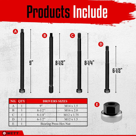 Harmonic Balancer Installer Tool Kit With 5-Piece Long Reach Adapters And Bearing Press Nut, product components shown.