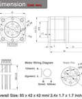 Dimensions and motor wiring diagram for Harmonic Gear Drive Reducer with NEMA 17 Stepper Motor 1.4A, 2 Arcmin Precision, 30:1 Ratio Rotary Reducer.