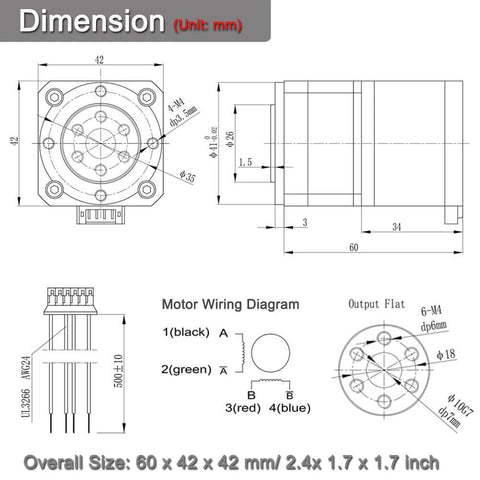 Dimensions and motor wiring diagram for Harmonic Gear Drive Reducer with NEMA 17 Stepper Motor 1.4A, 2 Arcmin Precision, 30:1 Ratio Rotary Reducer.